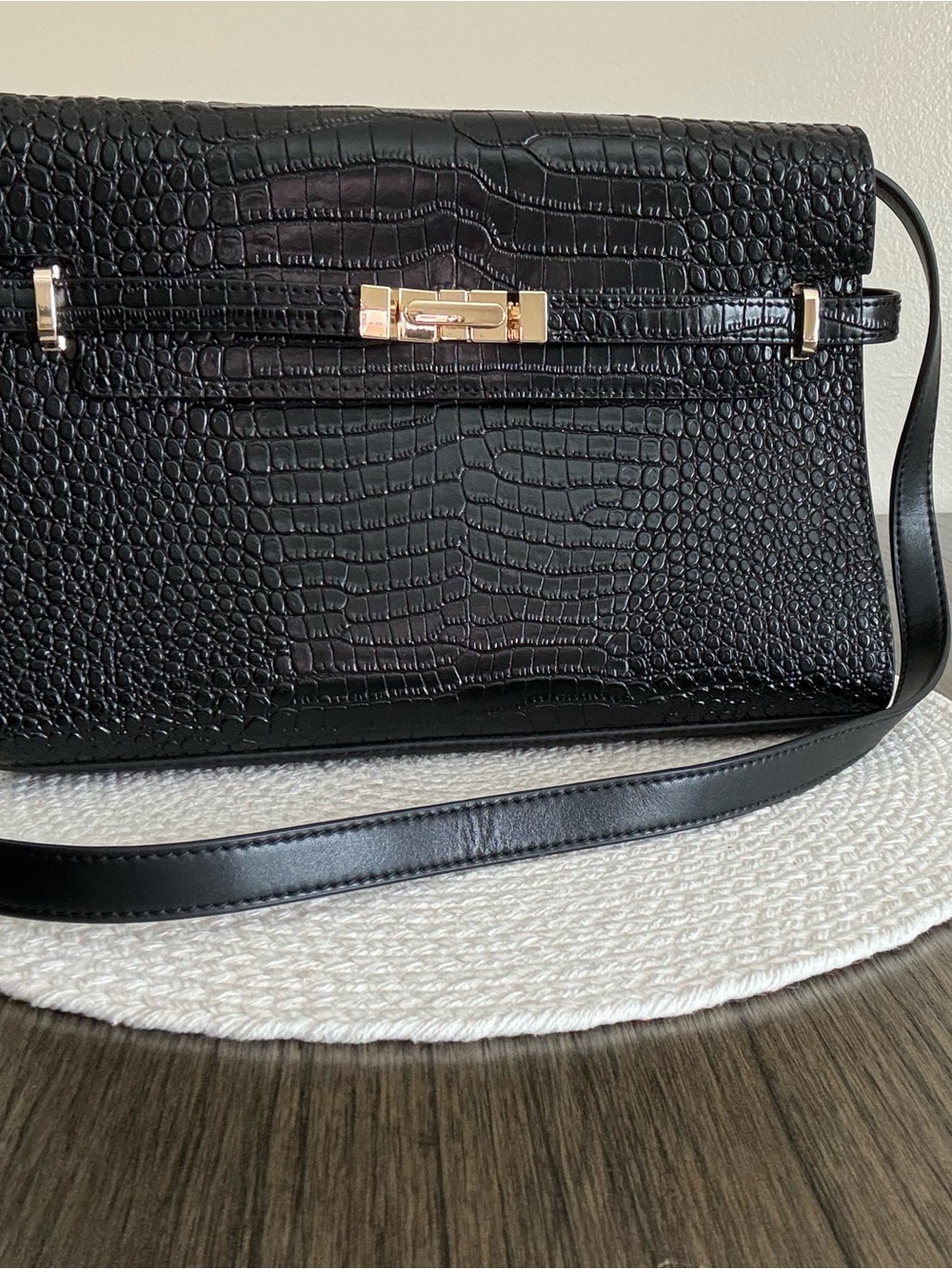 Structured Black Croc-Embossed Shoulder Bag with Gold Hardware